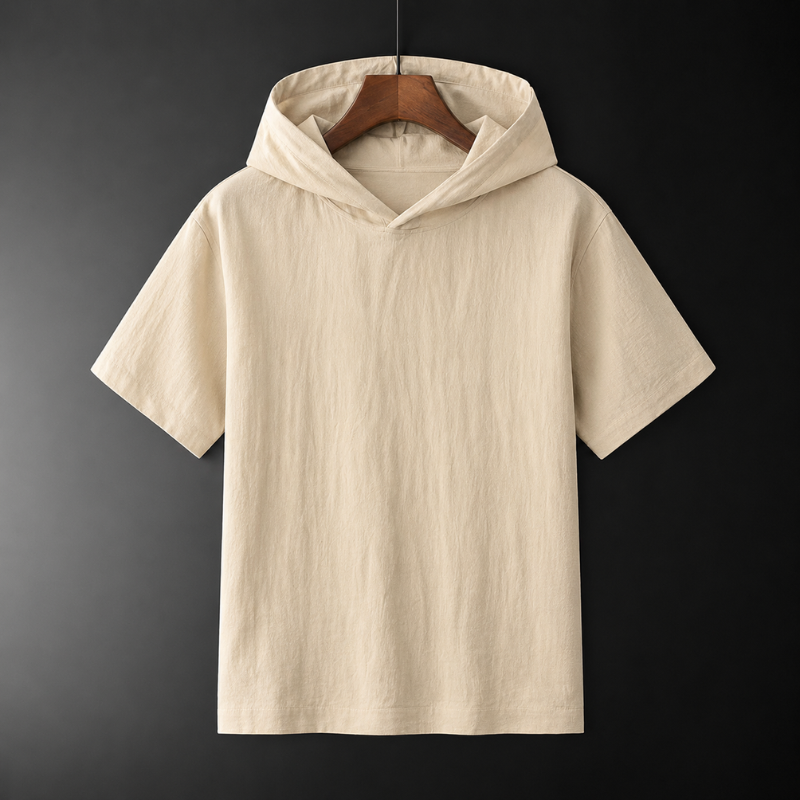 Relaxed fit men's short-sleeve hooded top, ideal casual pullover for comfortable summer fashion.
