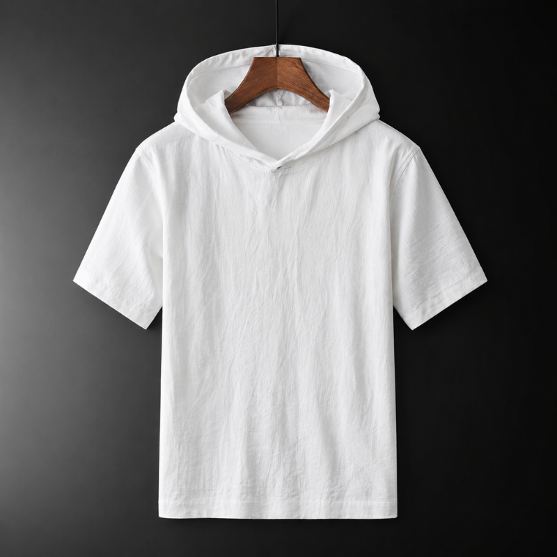 Men's short-sleeve pullover hoodie in a relaxed fit. Essential casual hooded top for summer comfort.