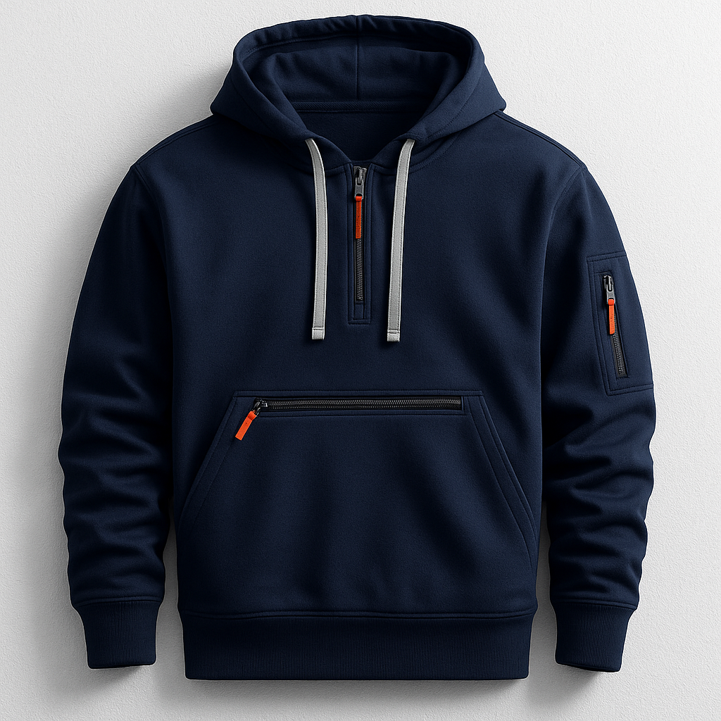 Men's techwear utility hoodie with advanced features for active lifestyle & modern urban style.