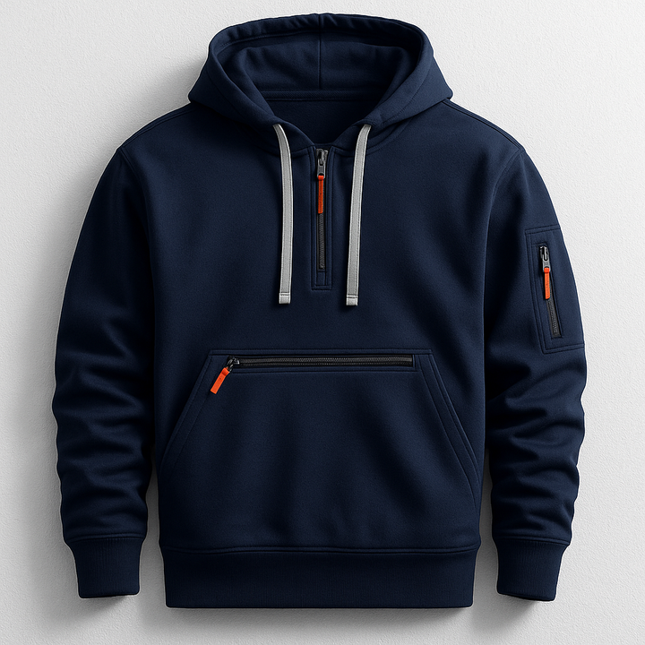 Men's techwear utility hoodie with advanced features for active lifestyle & modern urban style.
