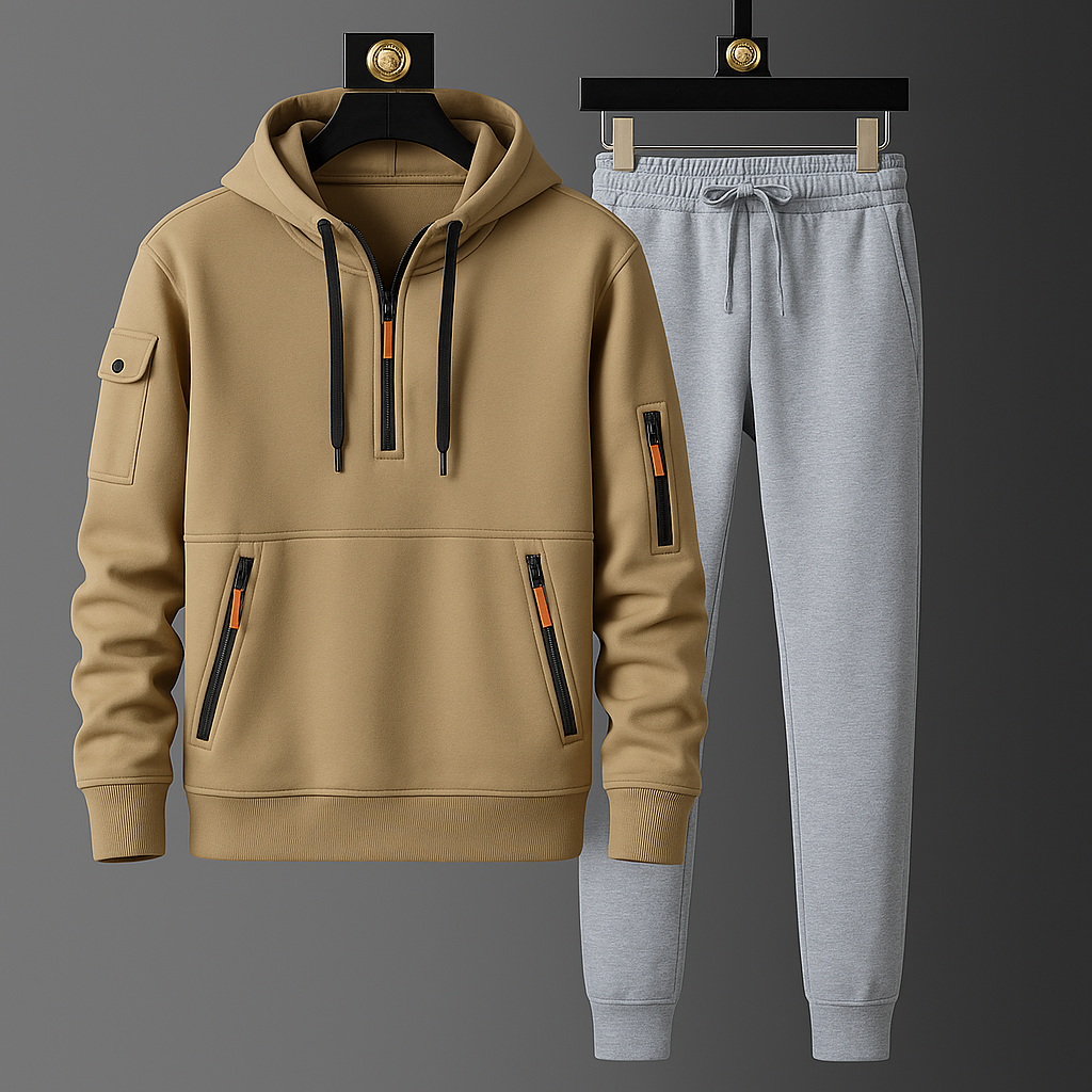 Modern men's tech tracksuit, a performance athletic set with a sleek design for activewear.