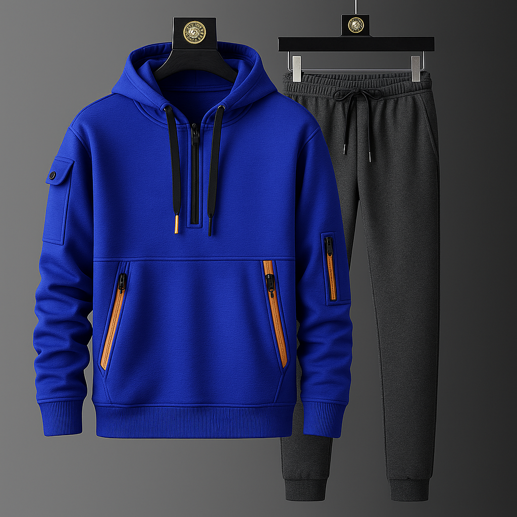 Sporty men's tech tracksuit matching set, featuring a modern design & comfortable performance wear.