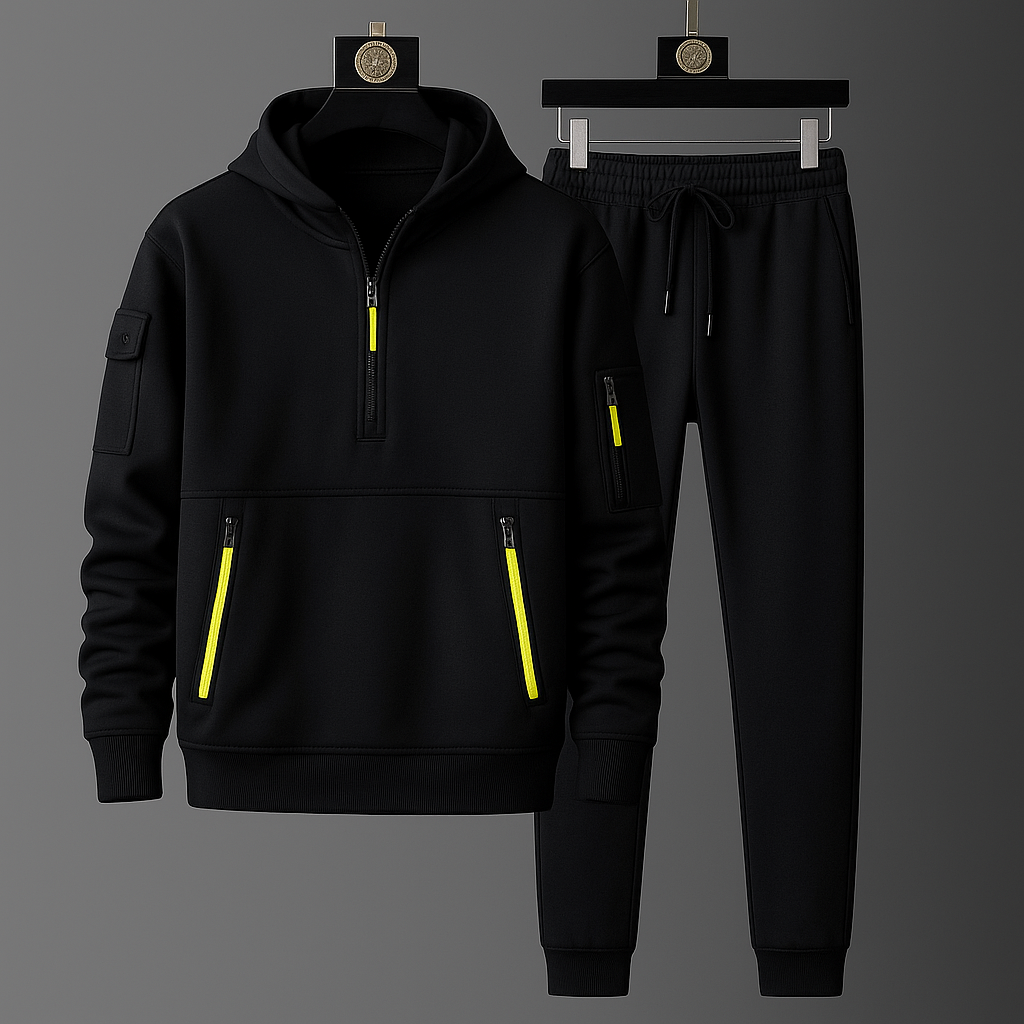 Stylish men's activewear tech tracksuit set, perfect for a casual gym outfit or comfortable loungewear.