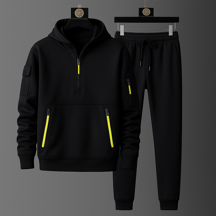 Stylish men's activewear tech tracksuit set, perfect for a casual gym outfit or comfortable loungewear.