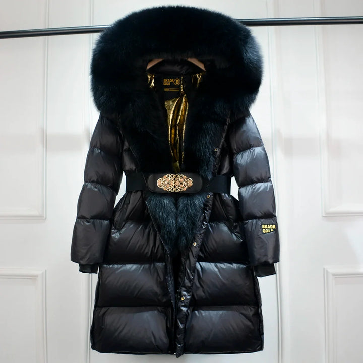 Modern men's insulated puffer coat with belt, designed for warmth and comfort during winter.