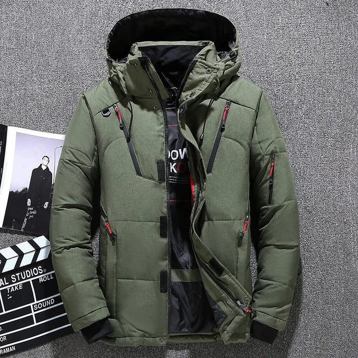 Durable insulated men's parka jacket for ultimate warmth, featuring a protective hood.