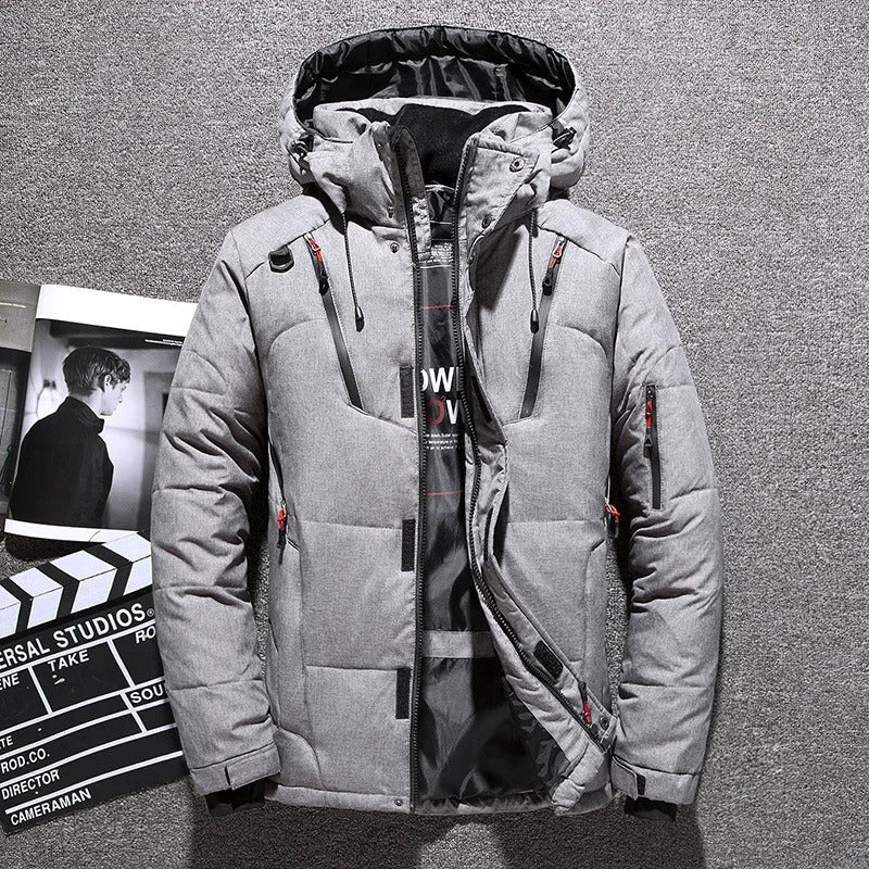 Stylish black men's winter parka with hood, offering superior insulation for cold weather outerwear.