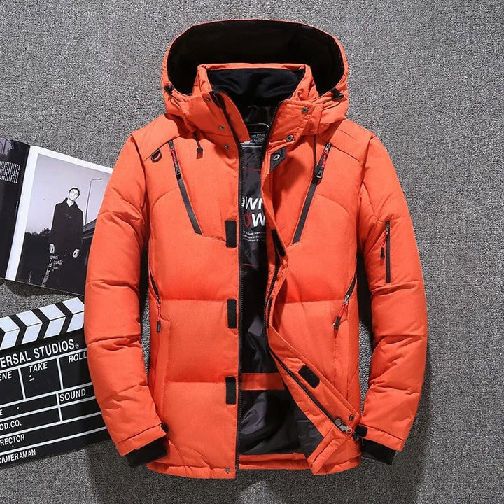Warm men's insulated parka for winter activities, travel, and casual cold weather outdoor wear.