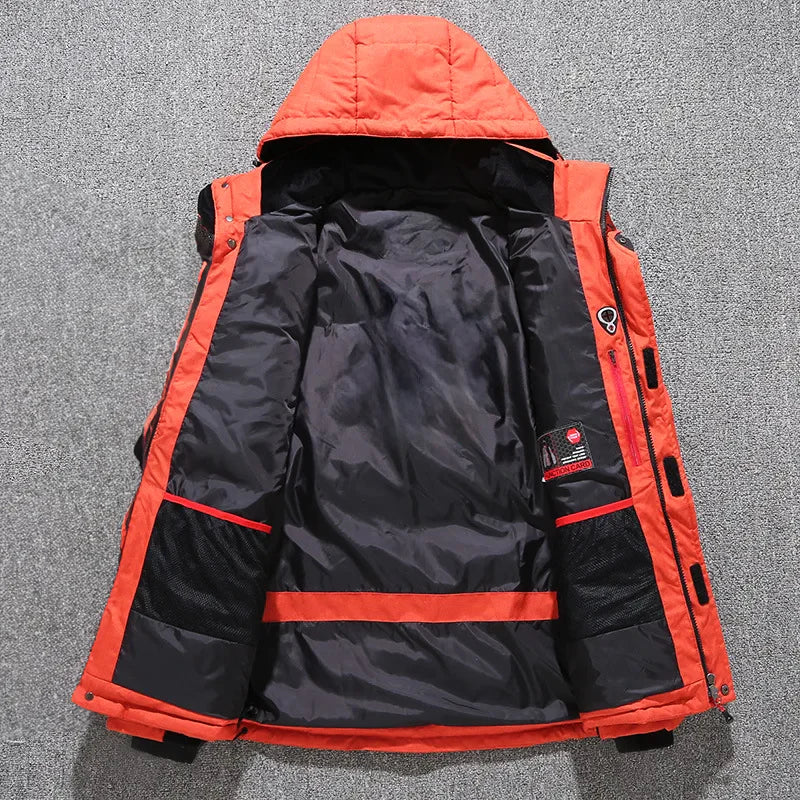 Cozy men's hooded parka jacket, fully insulated for comfortable protection against harsh winter elements.