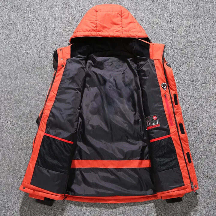 Cozy men's hooded parka jacket, fully insulated for comfortable protection against harsh winter elements.