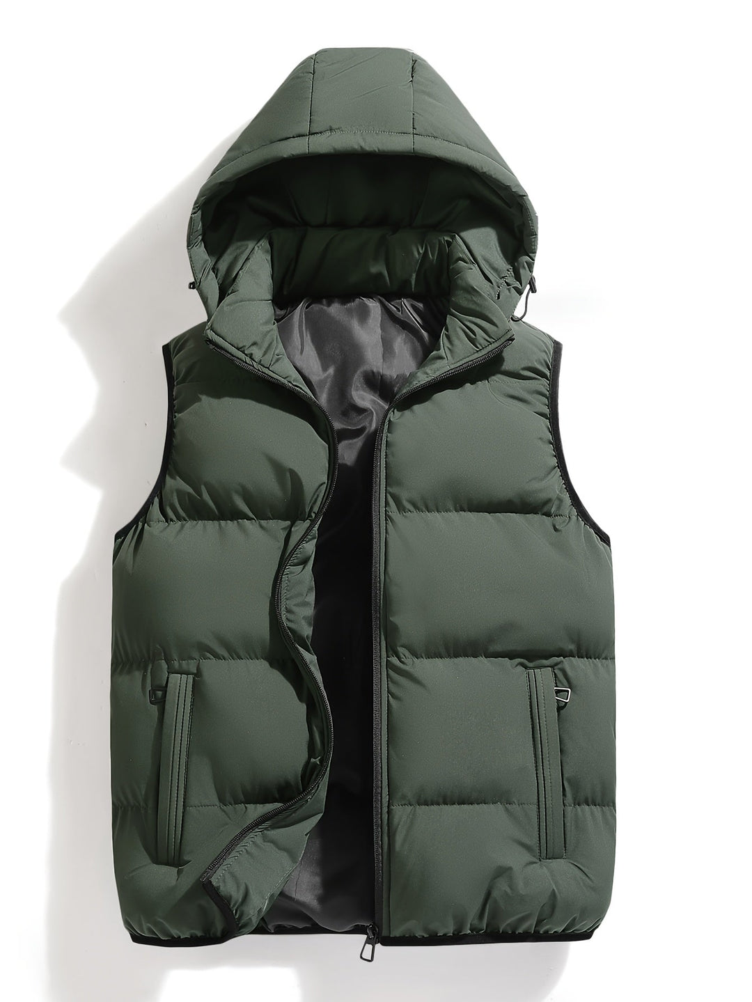 Men's insulated hooded puffer vest, perfect for cold weather layering and outdoor activities.