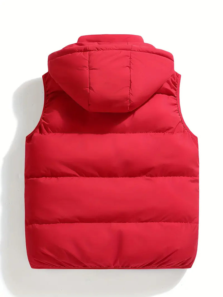 Men's insulated hooded vest for fall/winter, weather-resistant and comfortable for active layering.
