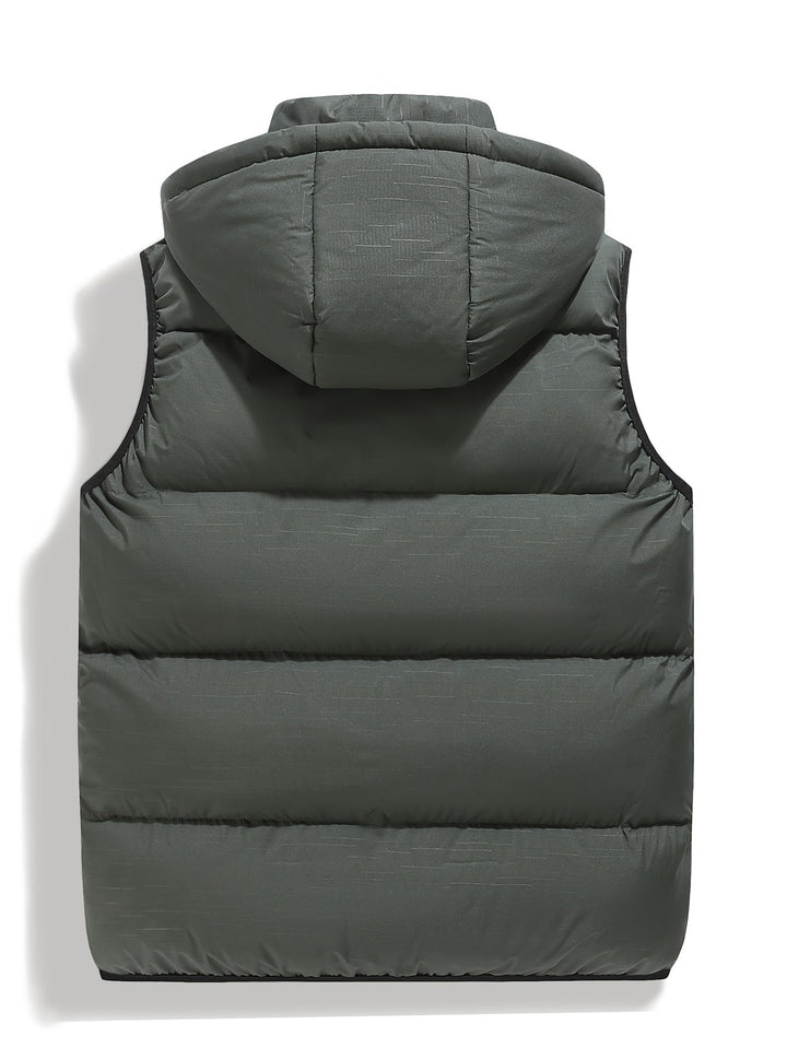 Lightweight men's hooded puffer vest, weather-resistant outerwear for versatile casual style.