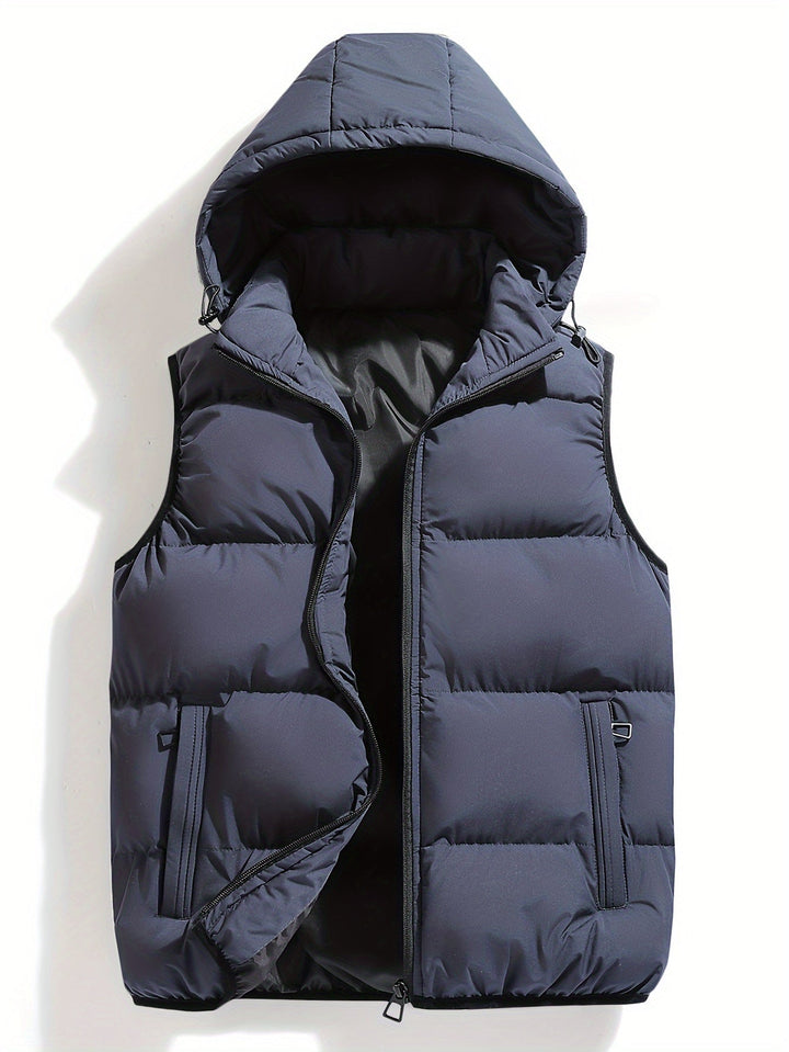 Casual men's insulated vest with hood, ideal for layering and adding warmth without bulk.