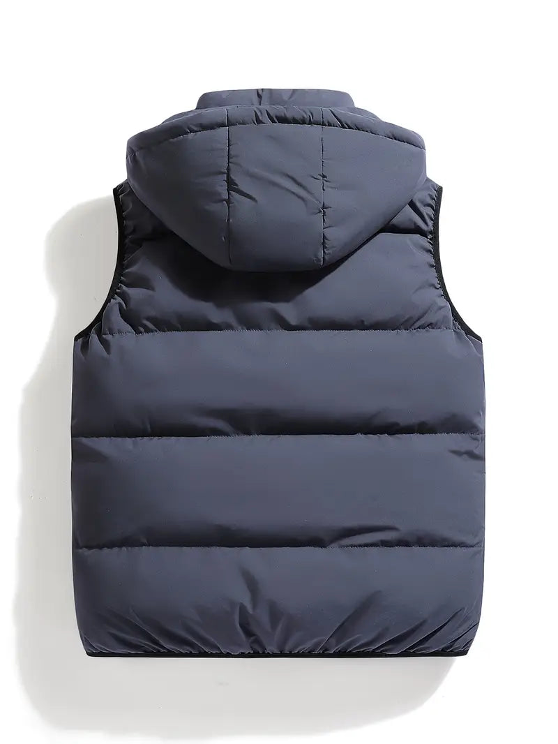 Versatile men's puffer vest, hooded and insulated for cool weather protection and stylish outerwear.