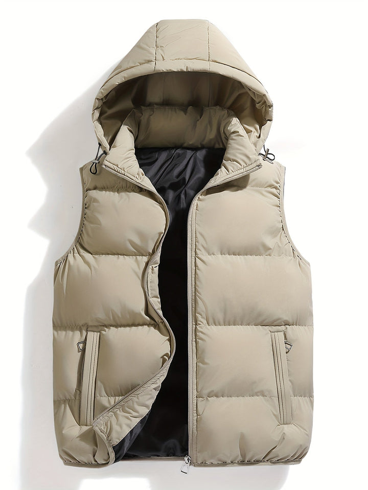 Black men's hooded puffer vest, designed for warmth, weather resistance, and comfortable layering.
