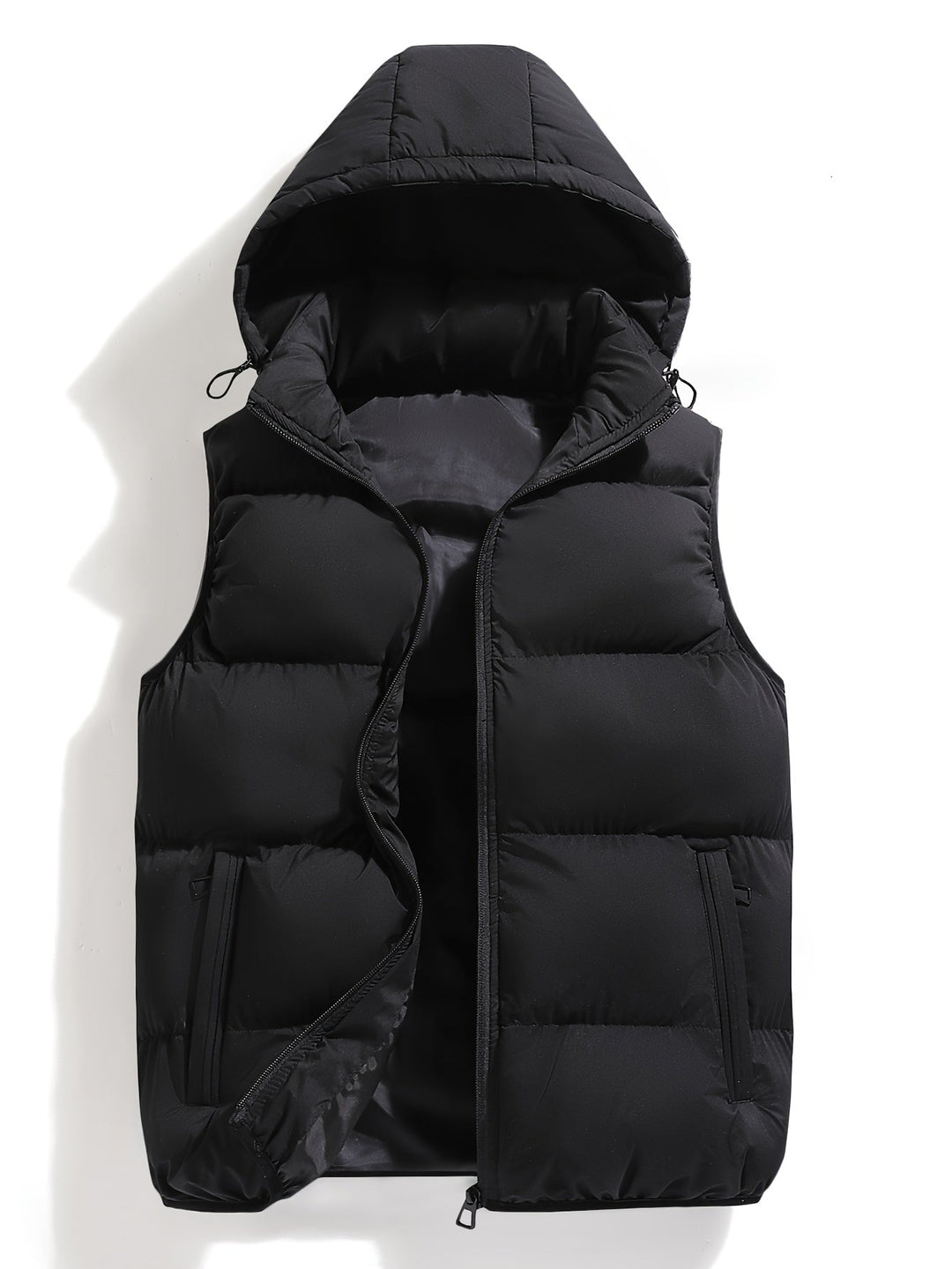 Stylish men's puffer vest, hooded and insulated, offering warmth and weather resistance for any outfit.