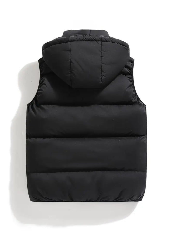 Dark blue men's hooded puffer vest, excellent for layering, providing insulation and weather protection.