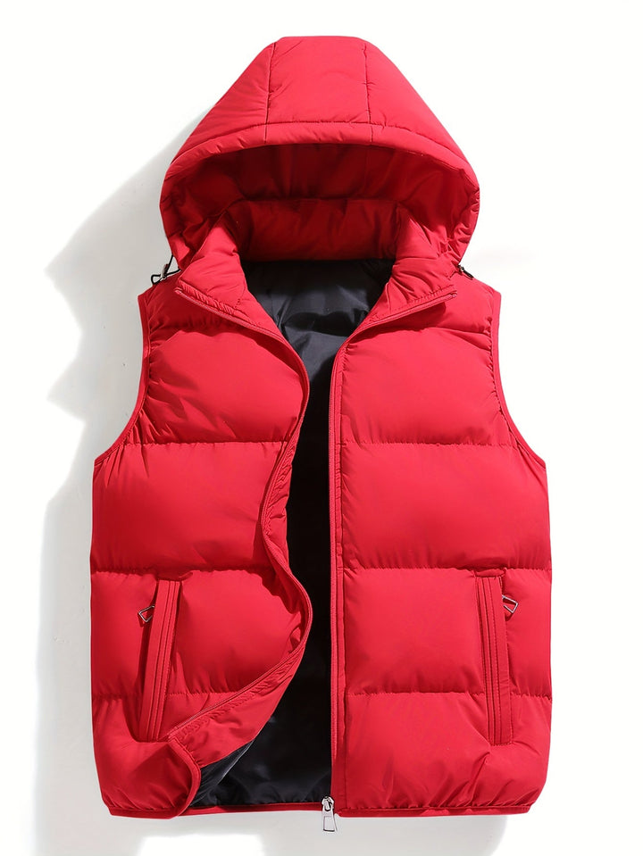 Grey men's insulated hooded vest, lightweight outerwear, ideal for versatile casual and outdoor use.