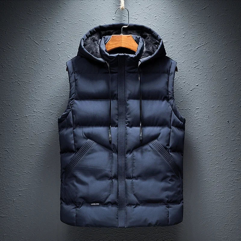 Men's insulated hooded puffer vest, providing streamlined warmth and modern casual style for winter layering.