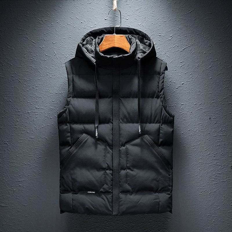 Sleek men's insulated hooded vest, designed for a comfortable fit and ultimate warmth in cold weather.