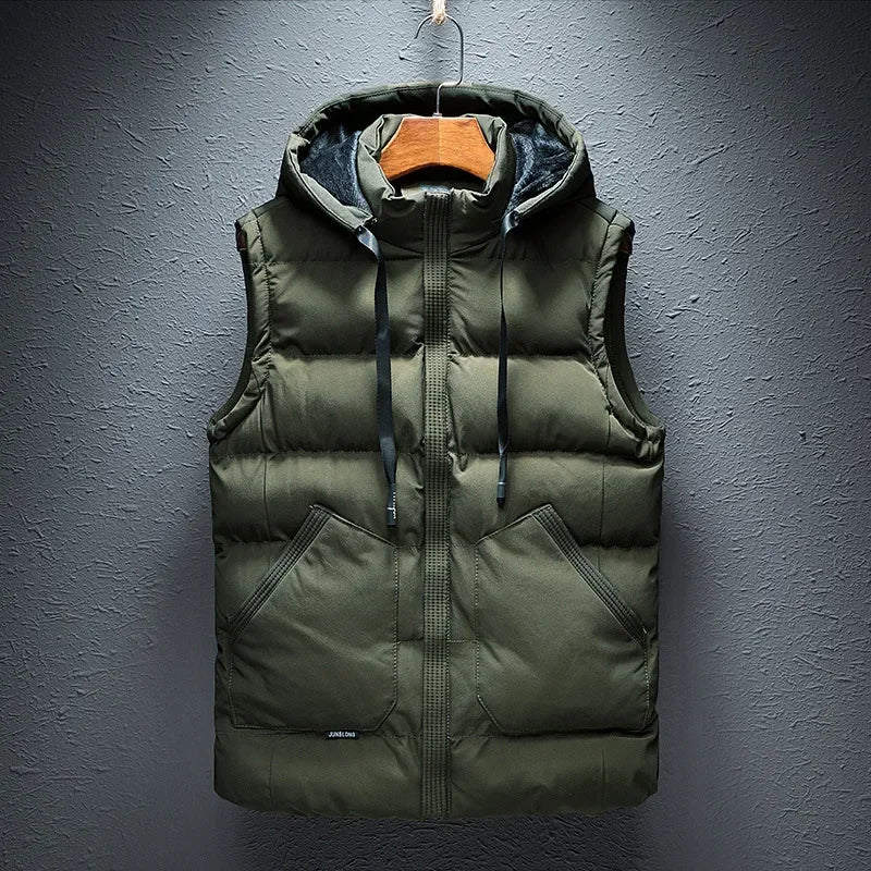 Stylish dark gray men's hooded puffer vest, a warm layering piece perfect for diverse outdoor activities.