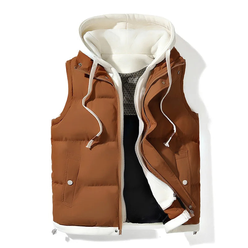 Men's insulated hooded vest, ideal for warm layering. Perfect for fall and winter casual outerwear.