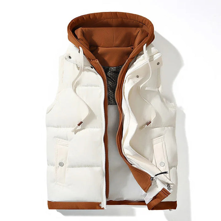 Warm men's hooded vest with insulation & full zip closure. A durable sleeveless jacket for winter fashion.