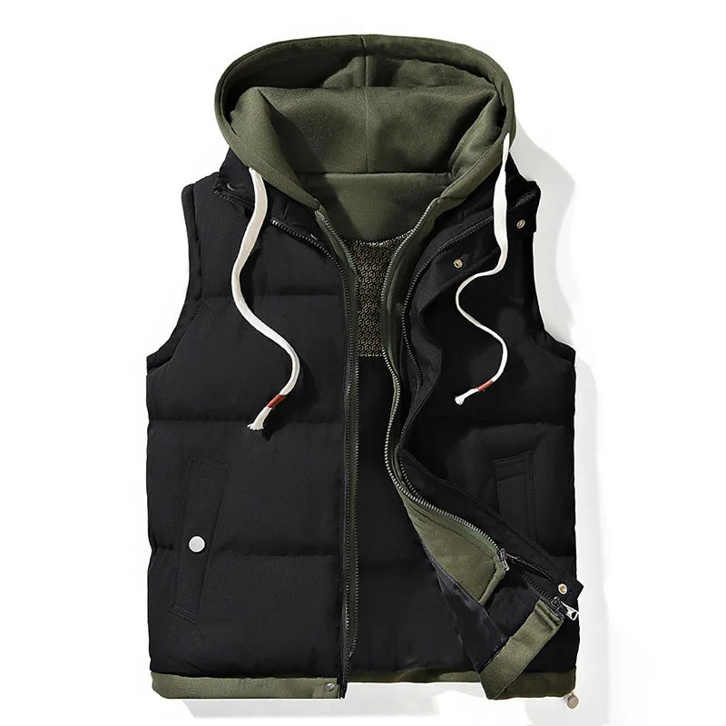 Stay warm & stylish in this men's hooded insulated vest. Ideal for winter fashion, layering, & casual wear.