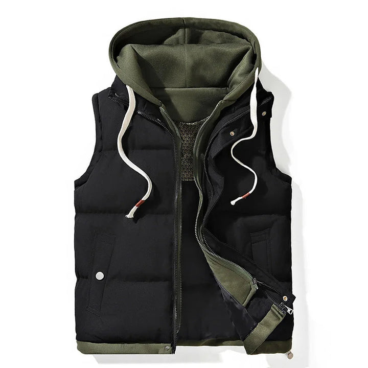 Stay warm & stylish in this men's hooded insulated vest. Ideal for winter fashion, layering, & casual wear.