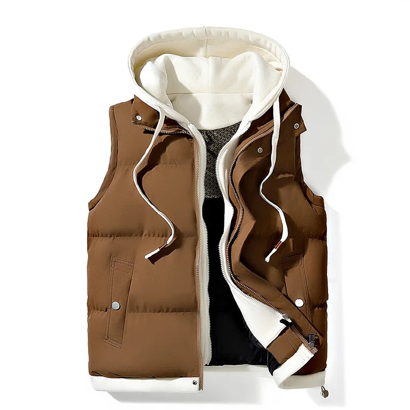 Sleek men's modern hooded vest, insulated for warmth. A chic sleeveless jacket for fall & winter outerwear.