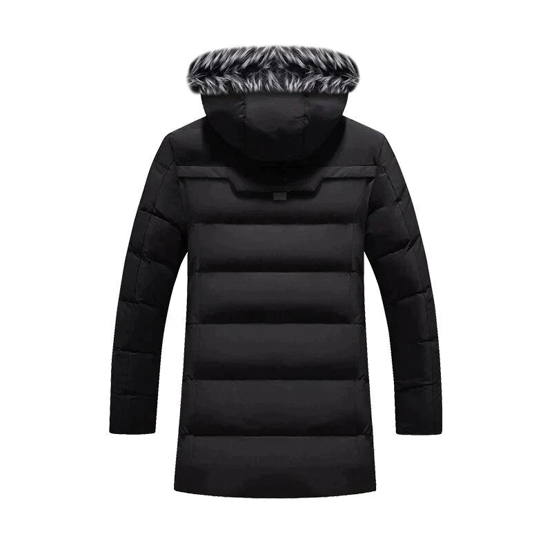 Men's insulated hooded winter parka, black, designed for extreme cold weather protection & style.