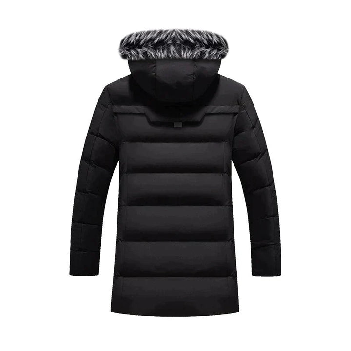 Men's insulated hooded winter parka, black, designed for extreme cold weather protection & style.
