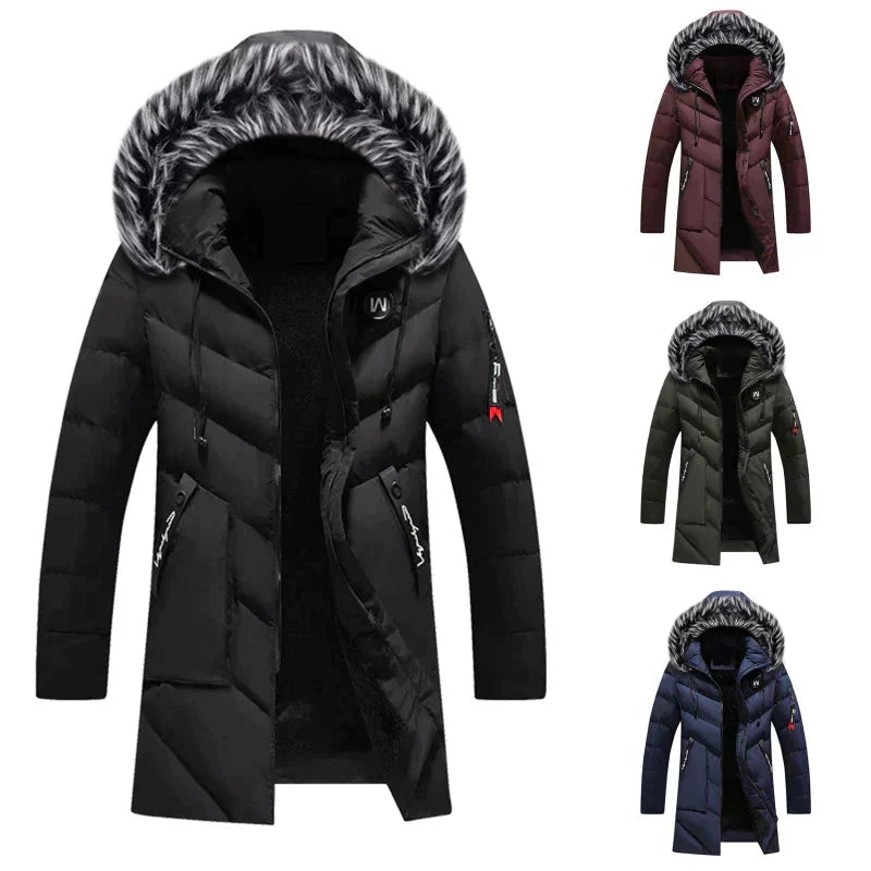 Front view of a men's heavy-duty insulated winter coat, hooded, ideal for extreme cold weather conditions.