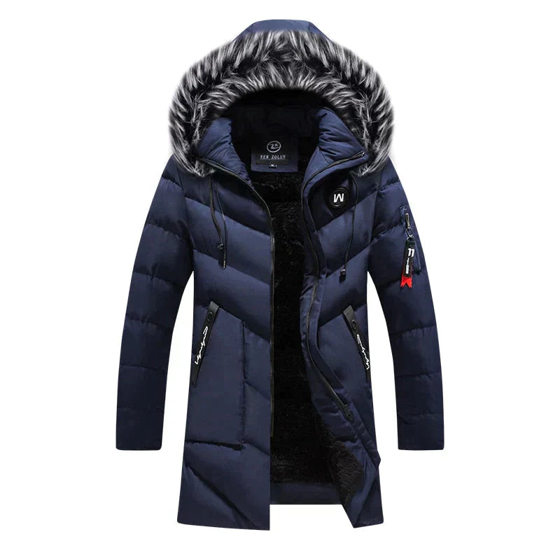 Close-up of the plush-lined hood and high collar on a men's extreme cold insulated winter parka.
