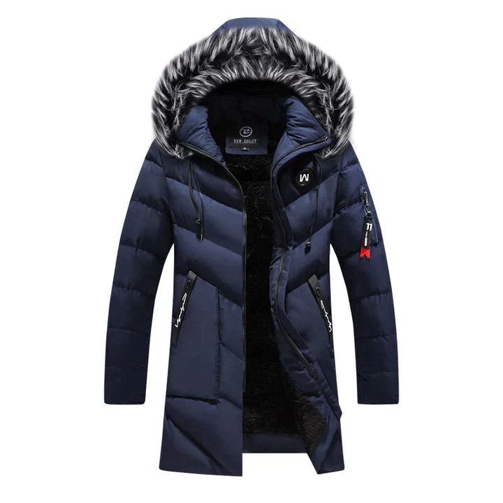 Close-up of the plush-lined hood and high collar on a men's extreme cold insulated winter parka.