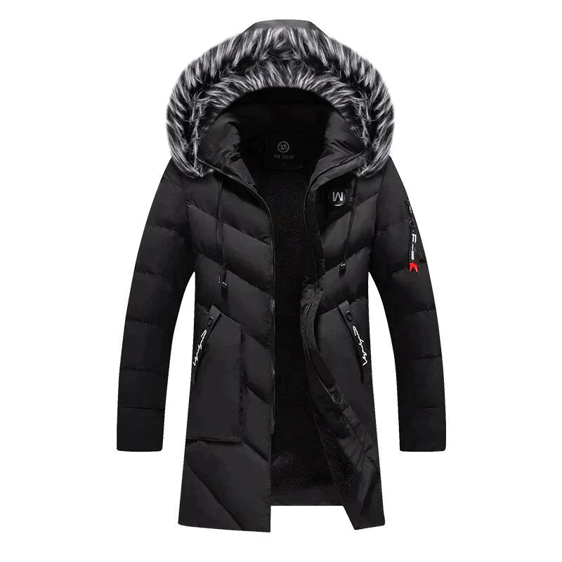 Modern men's winter fashion: a warm, hooded, insulated parka for ultimate protection in cold climates.
