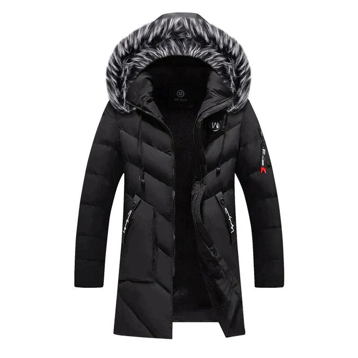 Modern men's winter fashion: a warm, hooded, insulated parka for ultimate protection in cold climates.
