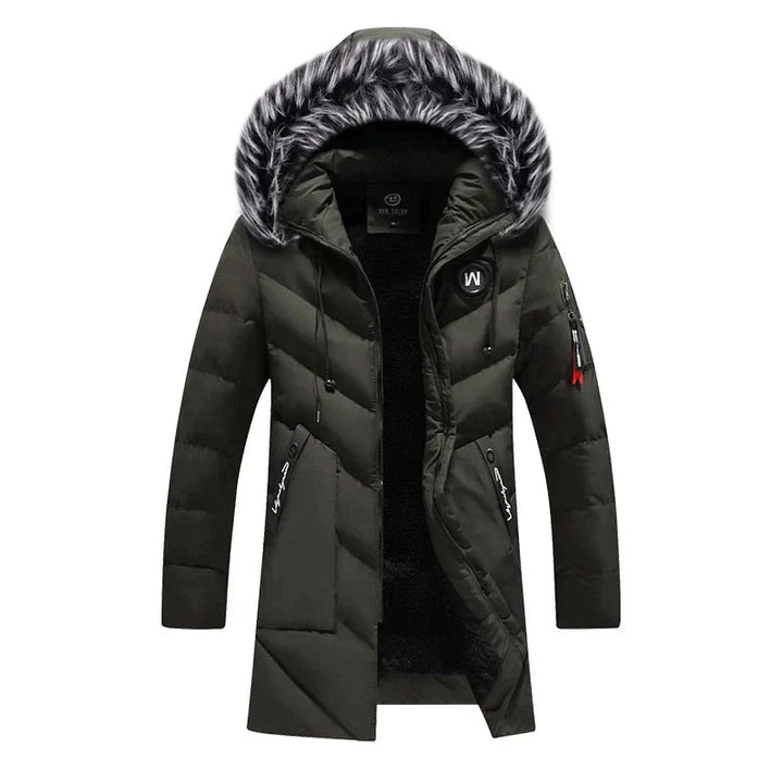Durable men's insulated winter jacket, hooded, built for extreme cold; a protective and cozy outerwear choice.