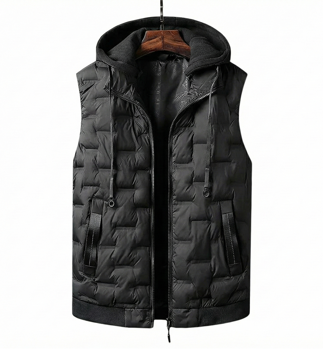 Men's insulated outdoor vest with detachable hood for cold weather. Perfect men's activewear & outerwear.