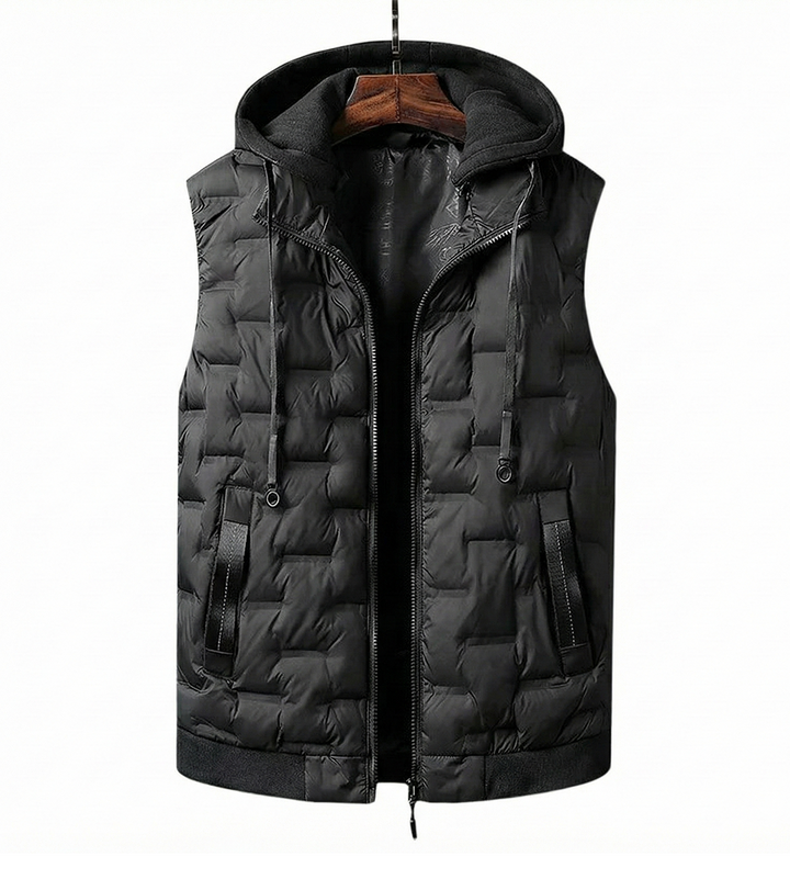Men's insulated outdoor vest with detachable hood for cold weather. Perfect men's activewear & outerwear.