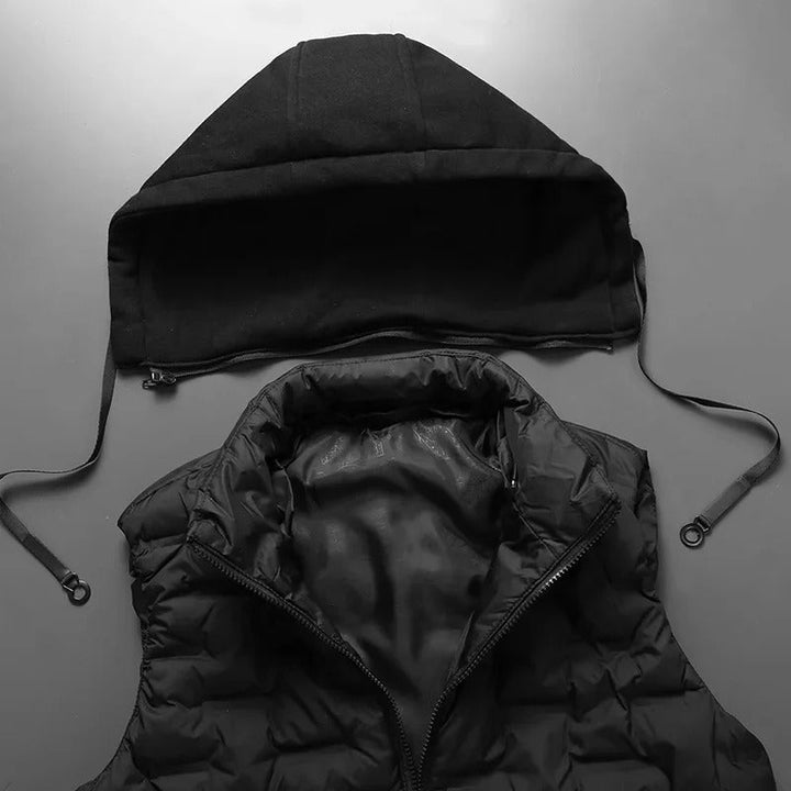 Stylish men's sportswear vest, insulated and weatherproof. Features a removable hood for versatility.