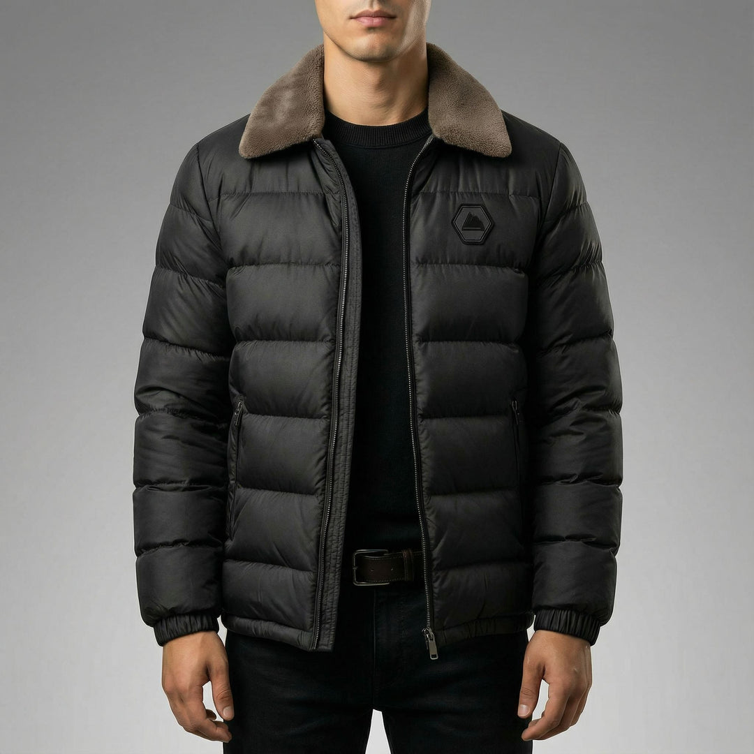 Men's insulated puffer jacket for extreme cold. Warm winter outerwear for outdoor adventures & urban wear.