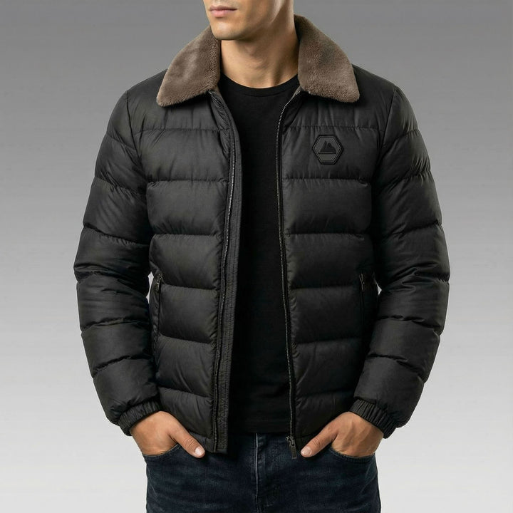 Stylish men's insulated puffer jacket, perfect for cold weather travel, urban commutes, and winter outdoor activities.