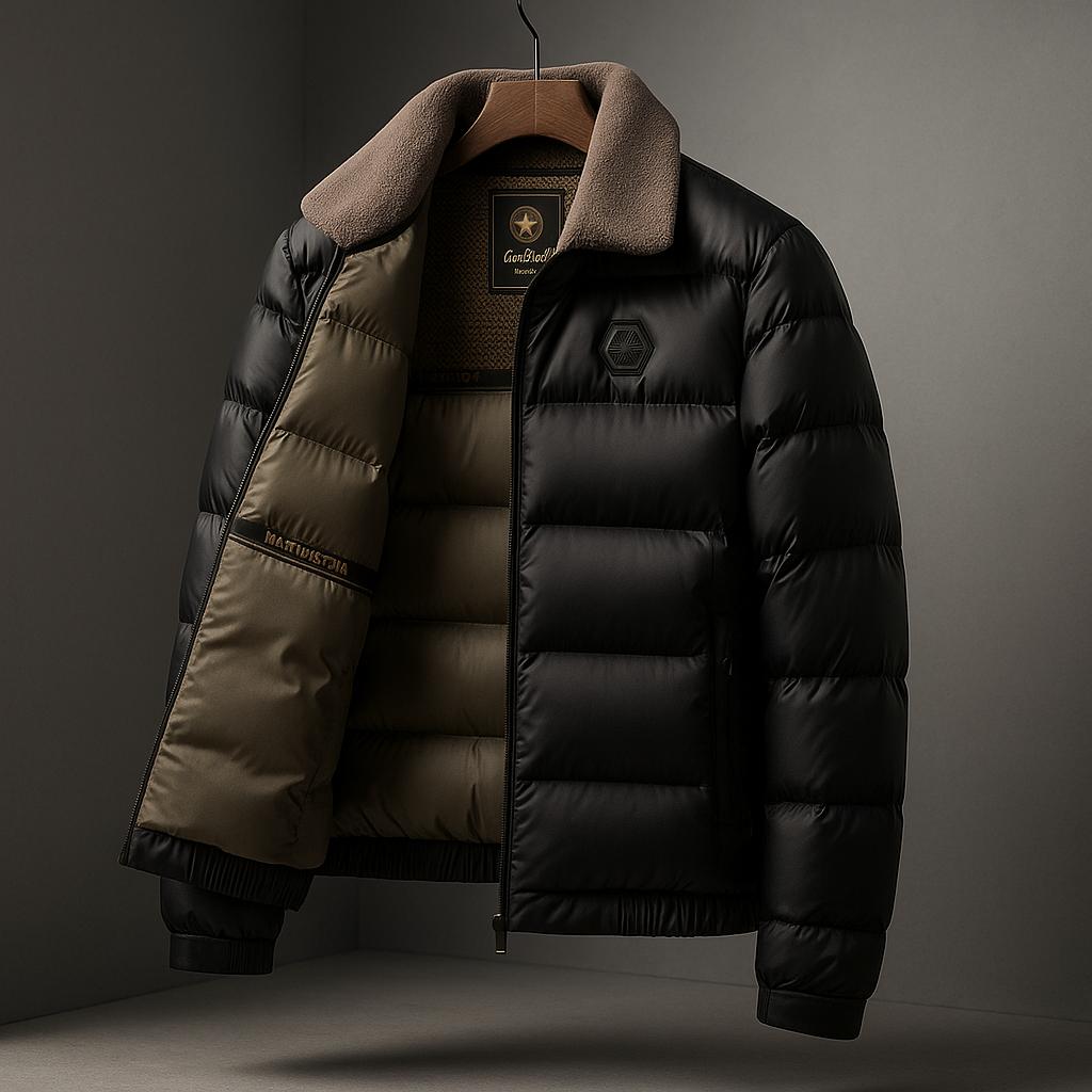 Modern men's puffer jacket, insulated for extreme cold. A fashionable and warm winter outerwear essential for men.