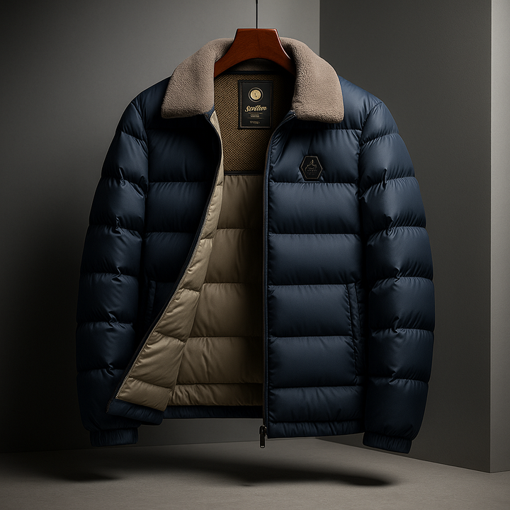 Rugged men's insulated puffer jacket built for extreme cold. Essential warm outerwear for winter outdoor sports & travel.