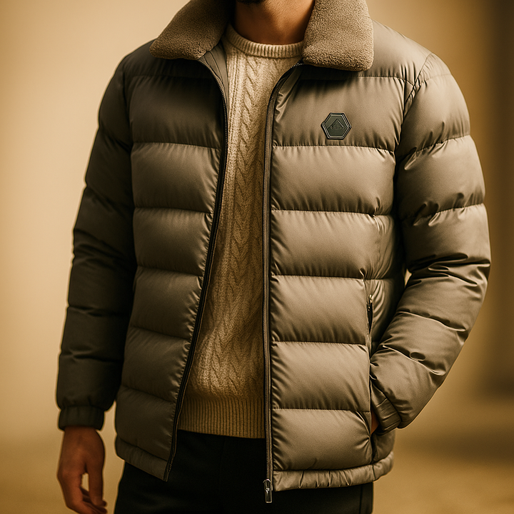 Durable men's insulated puffer jacket, engineered for extreme cold. High-performance warm winter outerwear for men.