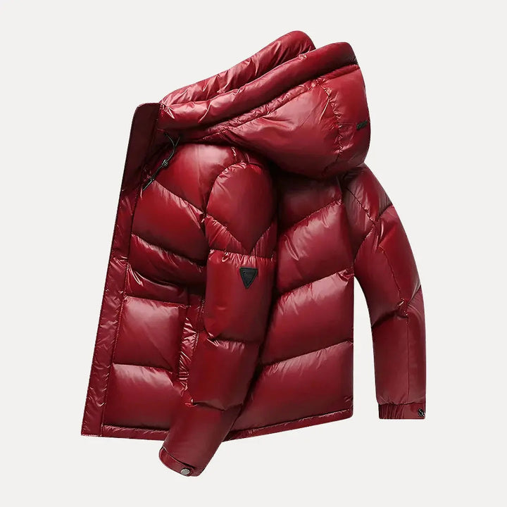 Stylish men's hooded quilted puffer jacket, insulated for extreme cold and winter fashion.