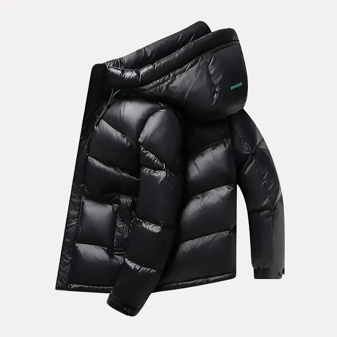 Men's fashionable quilted puffer jacket with insulation, keeping you warm in cold weather outdoor wear.