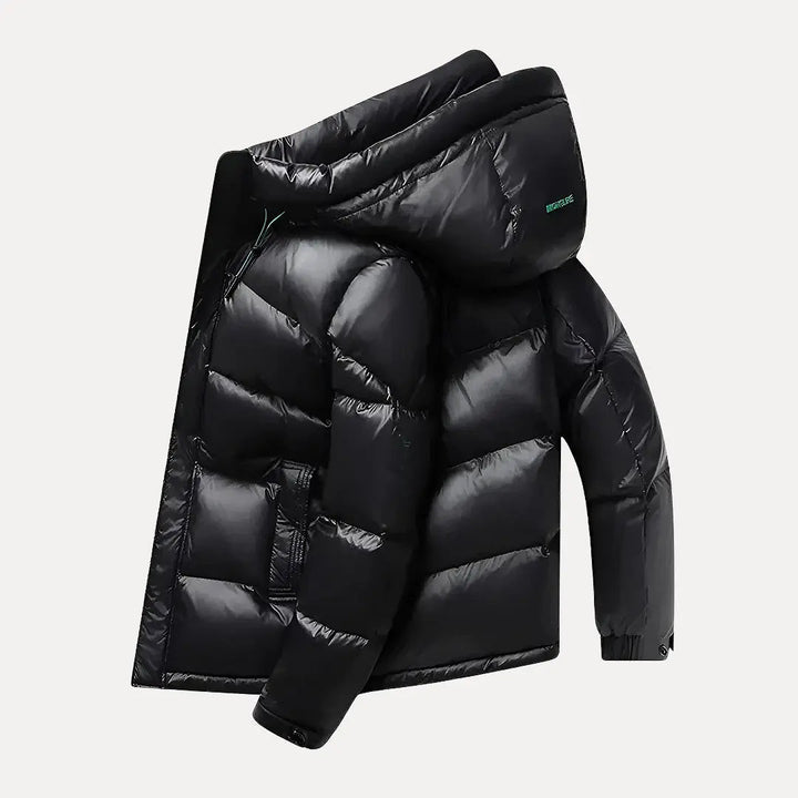 Men's fashionable quilted puffer jacket with insulation, keeping you warm in cold weather outdoor wear.